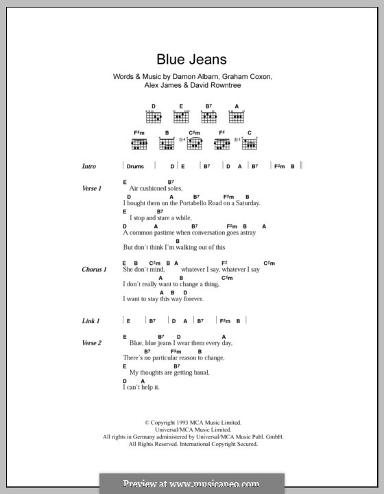 Blue Jeans (Blur): Текст и аккорды by Alex James, Damon Albarn, David Rowntree, Graham Coxon