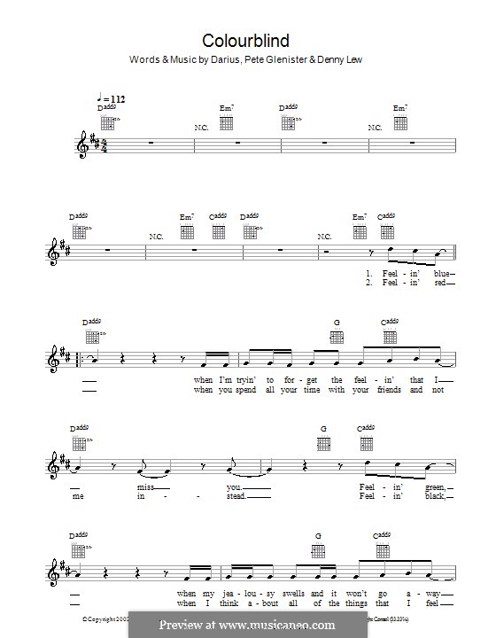 Colourblind: Мелодия, текст и аккорды by Darius, Deni Lew, Pete Glenister