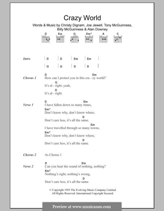 Crazy World (Aslan): Текст, аккорды by Alan Downey, Billy McGuinness, Christy Dignam, Joe Jewell, Tony McGuinness