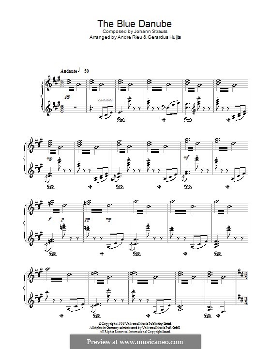 На прекрасном голубом Дунае, для фортепиано, Op.314: Для одного исполнителя (ля мажор) by Иоганн Штраус (младший)