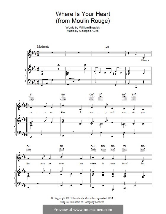 Where Is Your Heart (from Moulin Rouge): Для голоса и фортепиано (или гитары) by Georges Auric