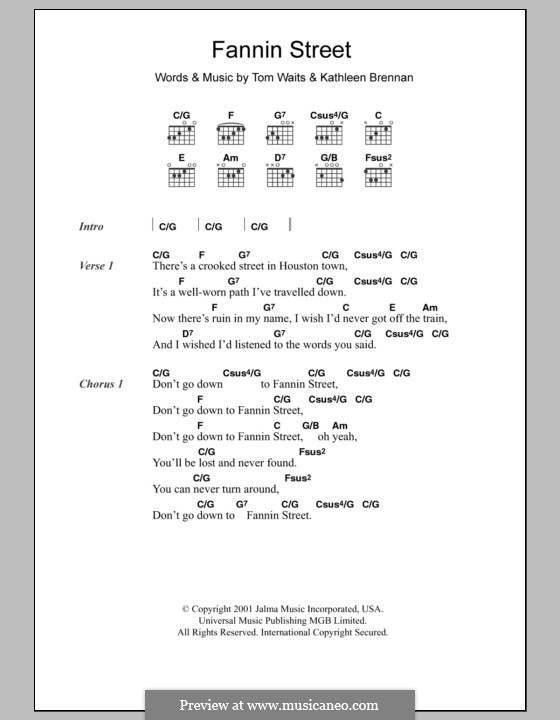 Fannin Street: Текст, аккорды by Kathleen Brennan, Tom Waits