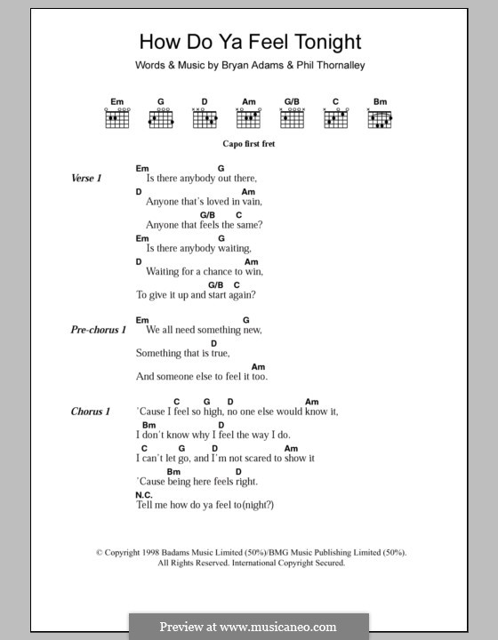 How Do Ya Feel Tonight: Текст и аккорды by Bryan Adams, Phil Thornalley