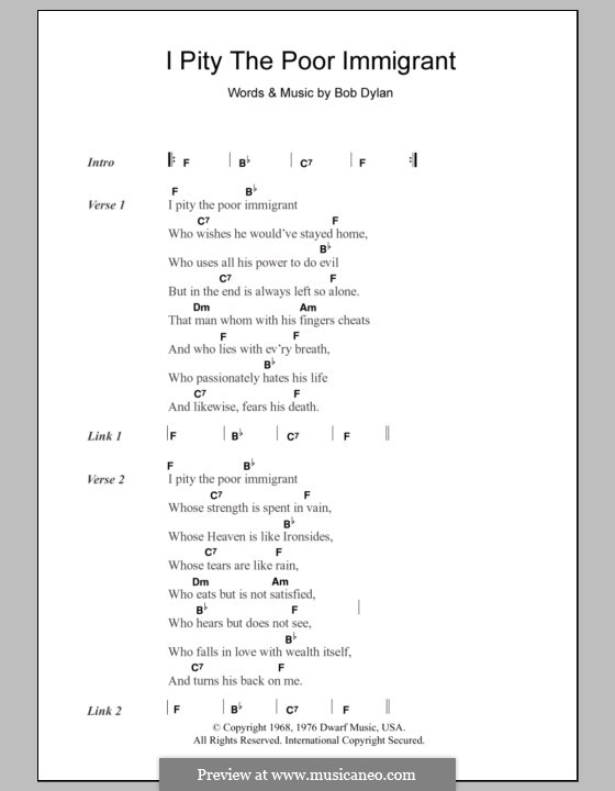 I Pity the Poor Immigrant: Текст, аккорды by Bob Dylan