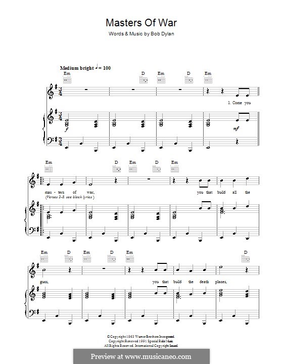 Masters of War: Для голоса и фортепиано (или гитары) by Bob Dylan