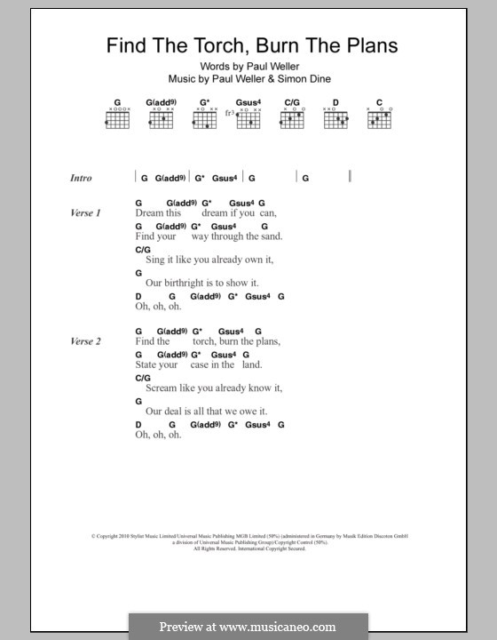 Find the Torch, Burn the Plans: Текст, аккорды by Paul Weller, Simon Dine