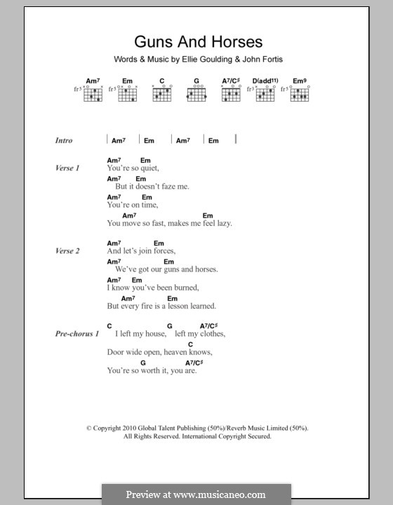 Guns and Horses: Текст, аккорды by Ellie Goulding, John Fortis