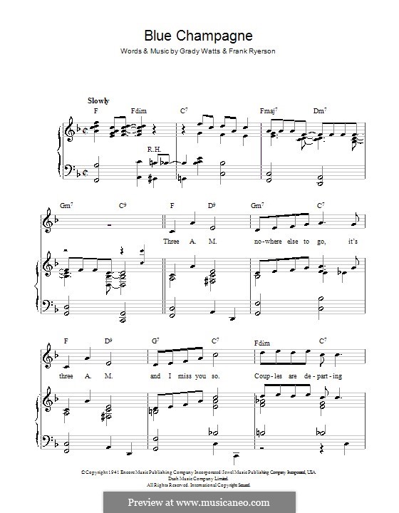 Blue Champagne (Jimmy Dorsey): Для голоса и фортепиано (или гитары) by Frank Ryerson, Grady Watts, Jimmy Eaton