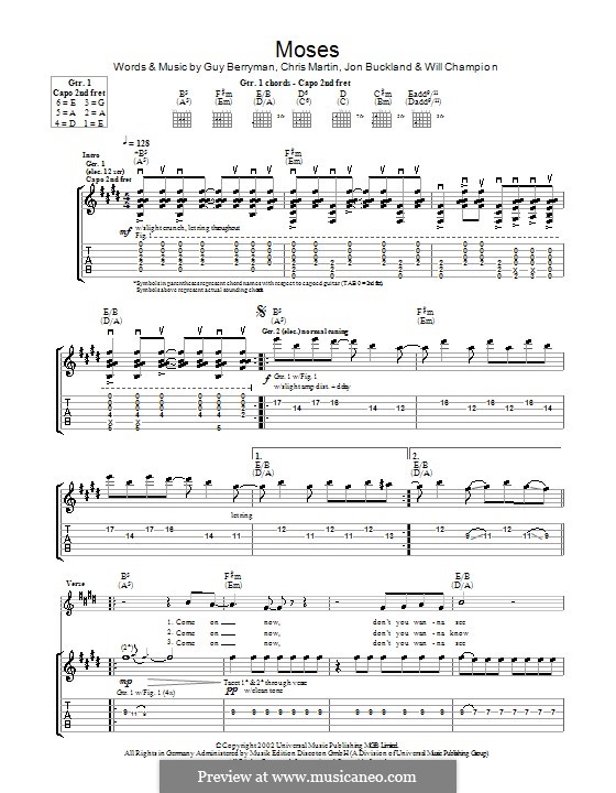 Moses (Coldplay): Гитарная табулатура by Chris Martin, Guy Berryman, Jonny Buckland, Will Champion