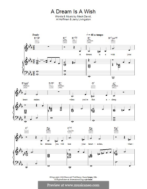 A Dream Is a Wish Your Heart Makes (from Disney's Cinderella): Для голоса и фортепиано или гитары (ми бемоль мажор) by Al Hoffman, Jerry Livingston, Mack David