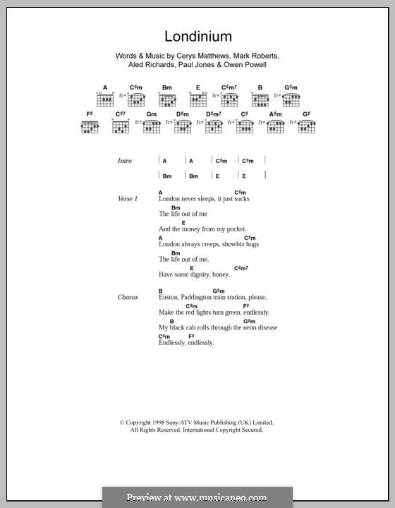 Londinium (Catatonia): Текст, аккорды by Aled Richards, Cerys Matthews, Mark Roberts, Owen Powell, Paul H. Jones