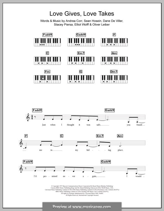 Love Gives Love Takes (The Corrs): Для клавишного инструмента by Andrea Corr, Dane De Viller, Elliot Wolff, Oliver Leiber, Sean Hosein, Stacey Piersa