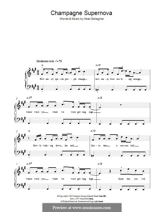 Champagne Supernova (Oasis): Для фортепиано (легкий уровень) by Noel Gallagher