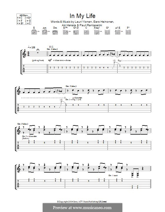 In My Life (The Rasmus): Гитарная табулатура by Aki Hakala, Eero Heinonen, Lauri Ylönen, Pauli Rantasalmi