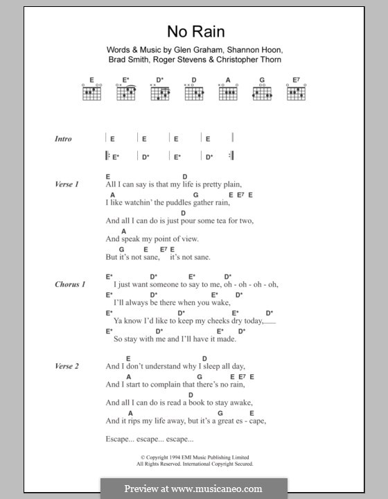 No Rain (Blind Melon): Текст, аккорды by Brad Smith, Christopher Thorn, Glen Graham, Roger Stevens, Shannon Hoon