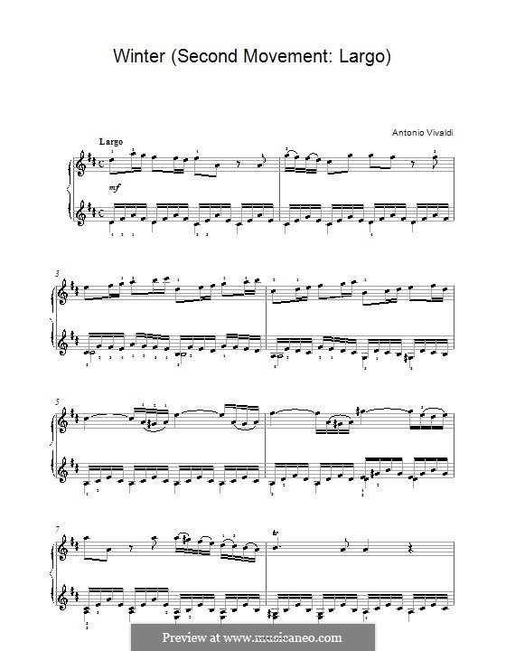 Концерт для скрипки с оркестром No.4 фа минор 'Зима', RV 297: Часть II. Переложение для фортепиано (ноты высокого качества) by Антонио Вивальди