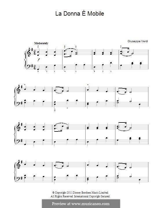 La donna è mobile (Over the Summer Sea) printable scores: Для фортепиано (легкий уровень) by Джузеппе Верди