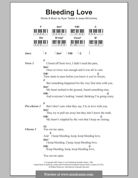 Bleeding Love (Leona Lewis): Текст и аккорды для фортепиано by Jesse McCartney, Ryan B Tedder