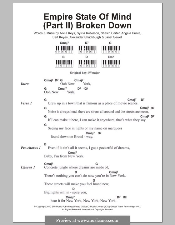 Empire State of Mind (Part II) Broken Down: Текст и аккорды для фортепиано by Alexander Shuckburgh, Alicia Keys, Angela Hunte, Bert Keyes, Janet Sewell-Ulepic, Jay-Z, Sylvia Robinson