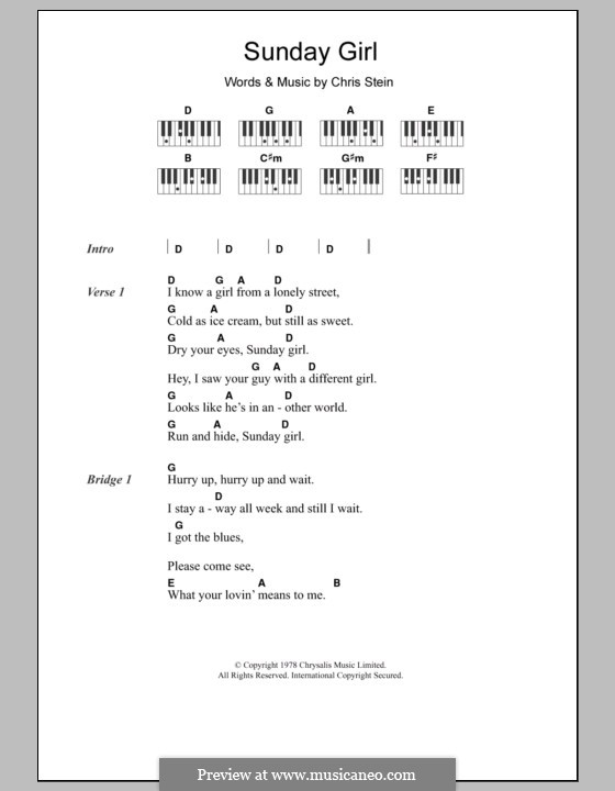Sunday Girl (Blondie): Текст и аккорды для фортепиано by Chris Stein