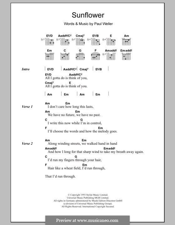 Sunflower: Текст, аккорды by Paul Weller