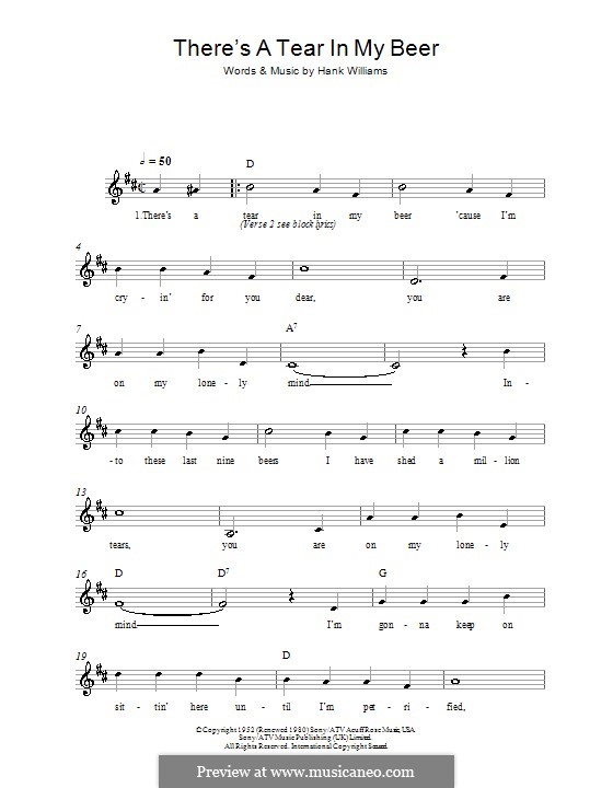There's a Tear in My Beer: Мелодия, текст и аккорды by Hank Williams