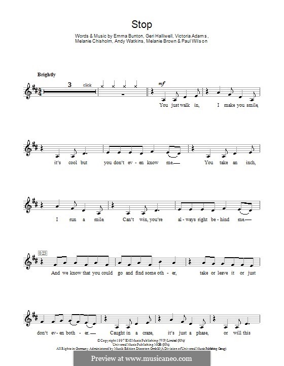 Stop (The Spice Girls): Для кларнета by Andy Watkins, Emma Bunton, Geri Halliwell, Melanie Brown, Melanie C, Paul Wilson, Victoria Adams