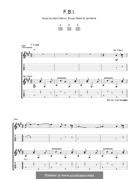 F.B.I. (The Shadows): Гитарная табулатура by Bruce Welch, Hank Marvin, Jet Harris
