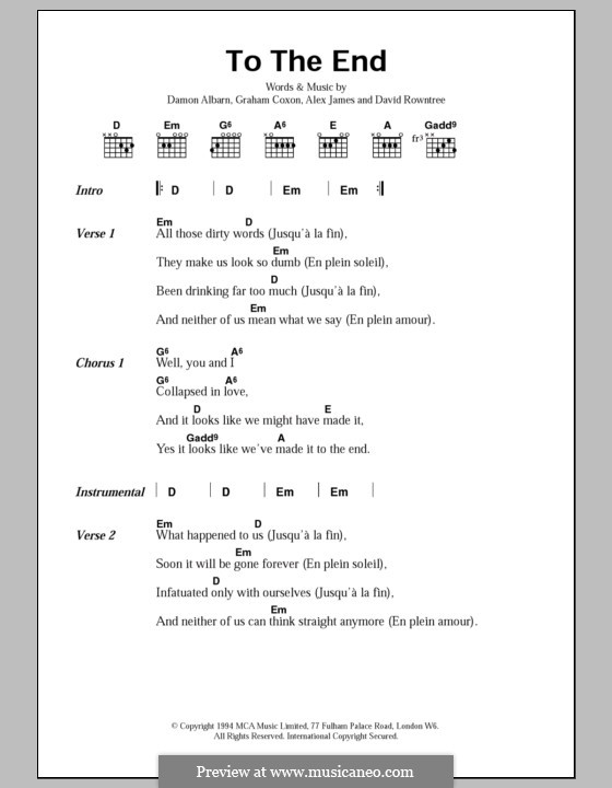 To the End (Blur): Текст и аккорды by Alex James, Damon Albarn, David Rowntree, Graham Coxon