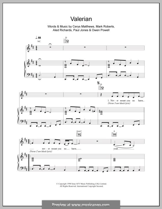 Valerian (Catatonia): Для голоса и фортепиано (или гитары) by Aled Richards, Cerys Matthews, Mark Roberts, Owen Powell, Paul H. Jones