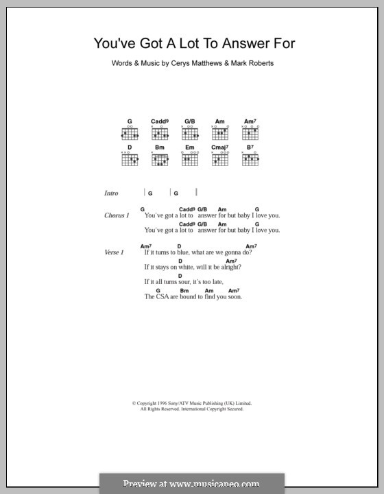 You've Got a Lot to Answer for (Catatonia): Текст, аккорды by Cerys Matthews, Mark Roberts