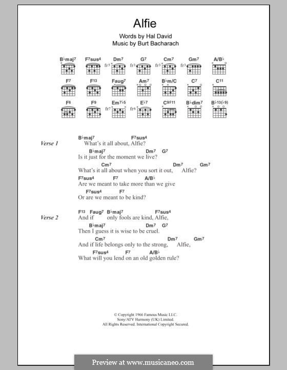 Alfie: Lyrics and chords (Cilla Black) by Burt Bacharach