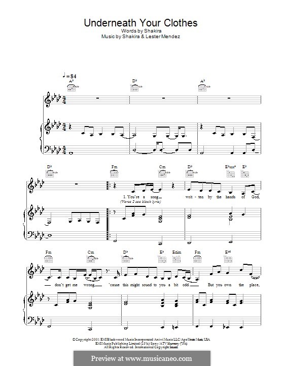 Underneath Your Clothes: Для голоса и фортепиано (или гитары) by Shakira, Lester A. Mendez