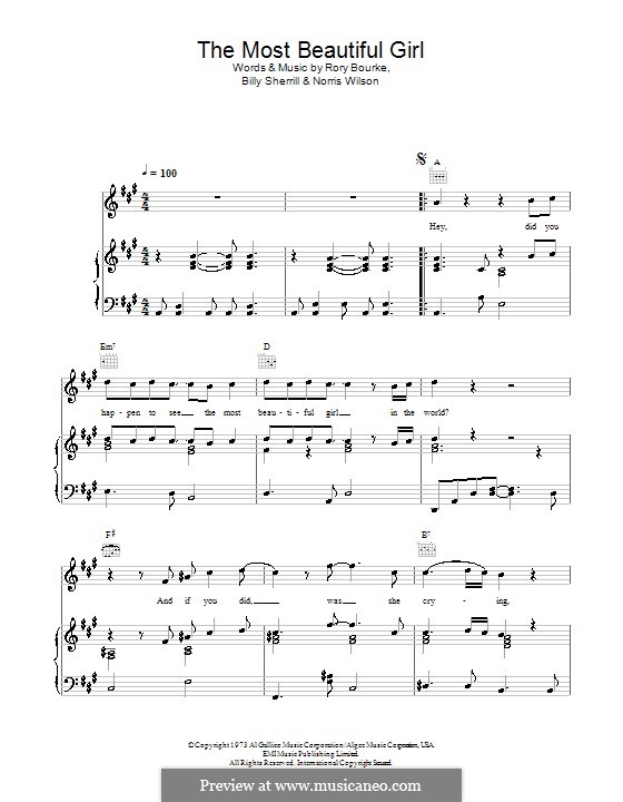 The Most Beautiful Girl (Charlie Rich): Для голоса и фортепиано (или гитары) by Billy Sherrill, Norris Wilson, Rory Bourke