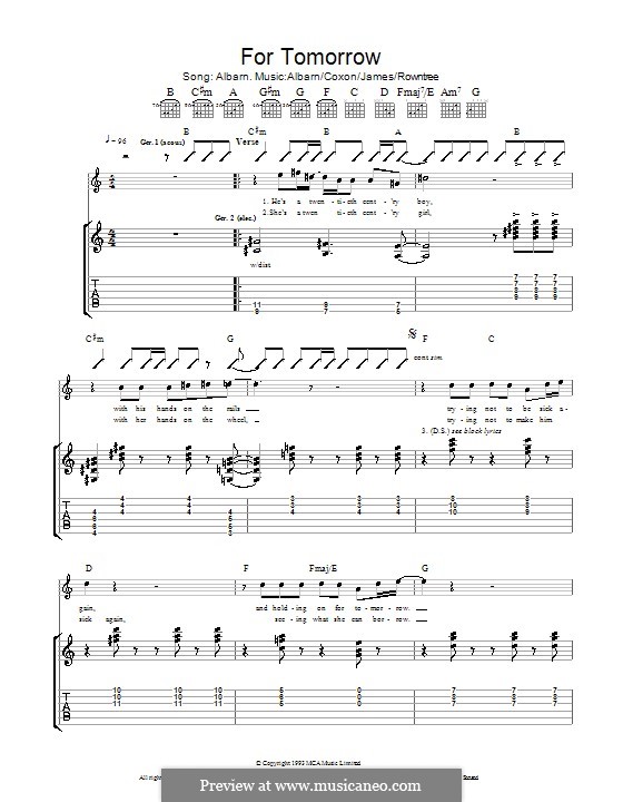 For Tomorrow (Blur): Для гитары с табулатурой by Alex James, Damon Albarn, David Rowntree, Graham Coxon