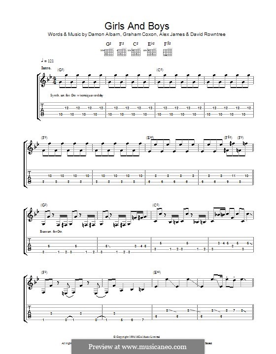 Girls and Boys (Blur): Для гитары с табулатурой by Alex James, Damon Albarn, David Rowntree, Graham Coxon