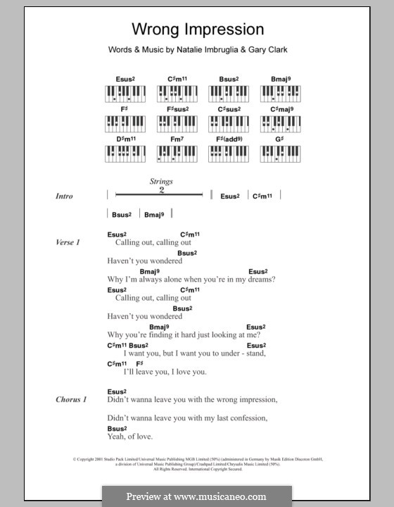 Wrong Impression: Текст и аккорды для фортепиано by Gary Clark, Natalie Imbruglia