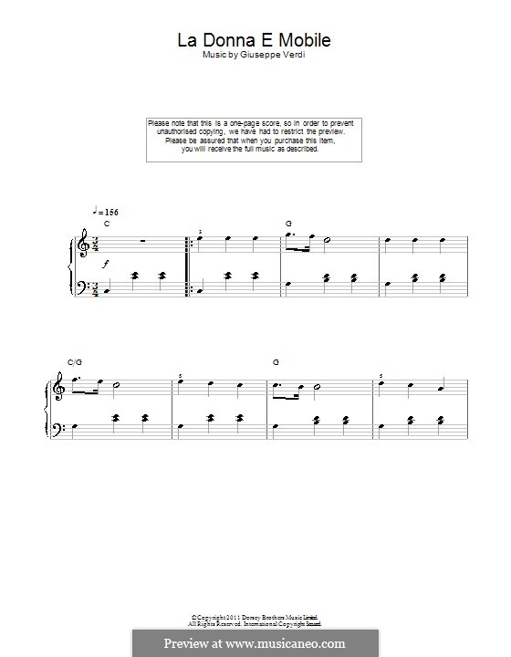 La donna è mobile (Over the Summer Sea) printable scores: Для фортепиано (легкий уровень) by Джузеппе Верди