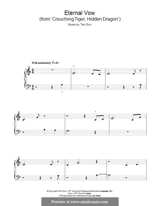 The Eternal Vow (from Crouching Tiger, Hidden Dragon): Для фортепиано (легкий уровень) by Tan Dun