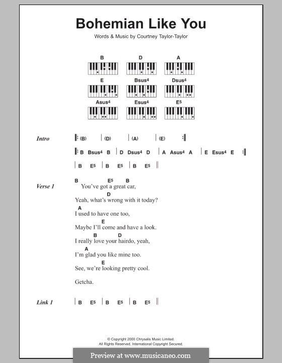 Bohemian Like You (The Dandy Warhols): Текст и аккорды для фортепиано by Courtney Taylor-Taylor