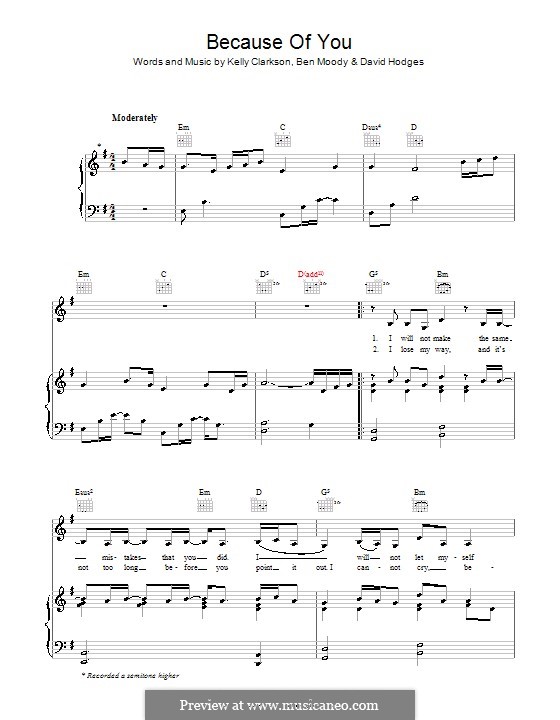 Because of You: Для голоса и фортепиано или гитары (E Minor) by Ben Moody, David Hodges, Kelly Clarkson