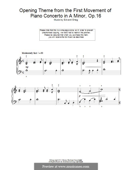 Концерт для фортепиано с оркестром ля минор, Op.16: Часть I. Тема. Версия для фортепиано (ноты высокого качества) by Эдвард Григ