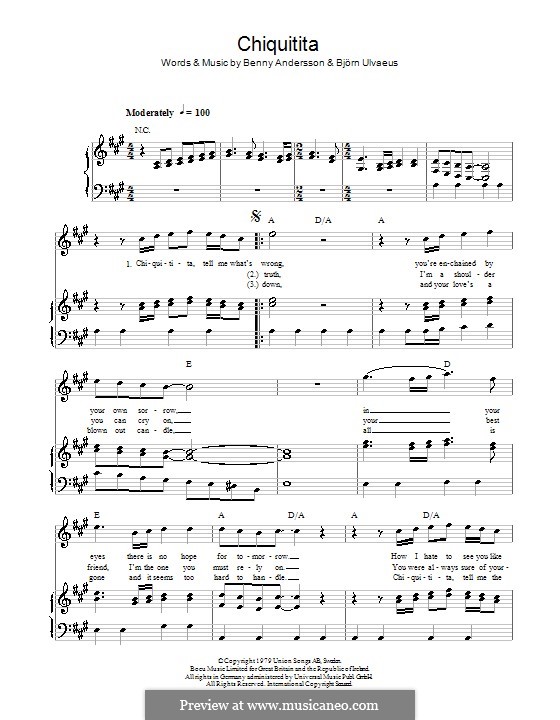 Chiquitita (ABBA): Для голоса и фортепиано (или гитары) by Benny Andersson, Björn Ulvaeus