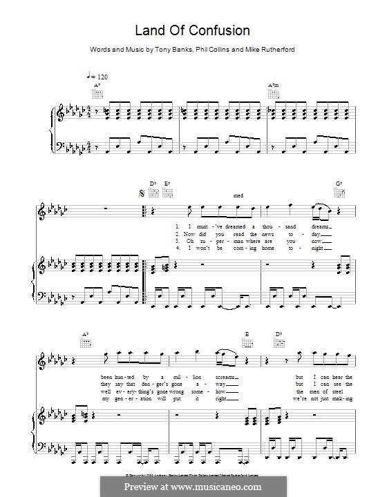 Land of Confusion (Genesis): Для голоса и фортепиано (или гитары) by Tony Banks, Mike Rutherford, Phil Collins