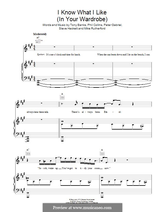 I Know What I Like (In Your Wardrobe): Для голоса и фортепиано или гитары (Genesis) by Tony Banks, Mike Rutherford, Peter Gabriel, Phil Collins, Steve Hackett