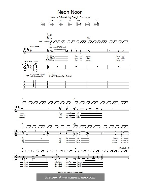 Neon Noon (Kasabian): Для гитары с табулатурой by Sergio Pizzorno
