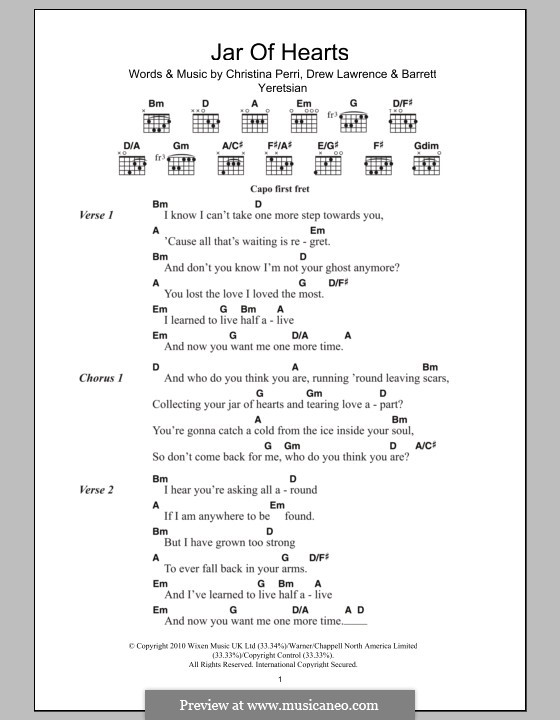 Jar of Hearts: Текст, аккорды by Barrett Yeretsian, Christina Perri, Drew Lawrence