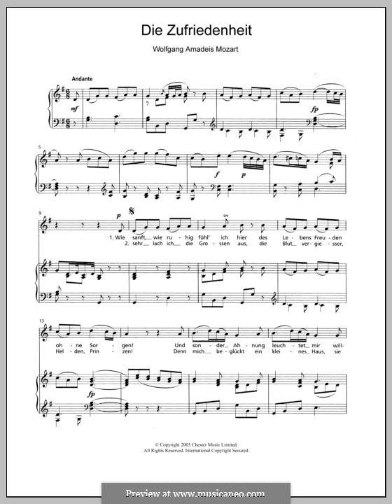 Die Zufriedenheit, K.473: For voice and piano by Вольфганг Амадей Моцарт