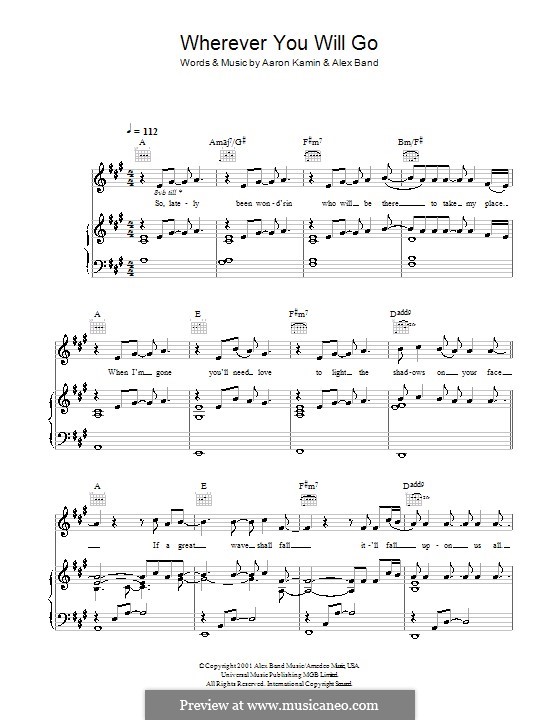 Wherever You Will Go (The Calling): Для голоса и фортепиано (или гитары) by Aaron Kamin, Alex Band