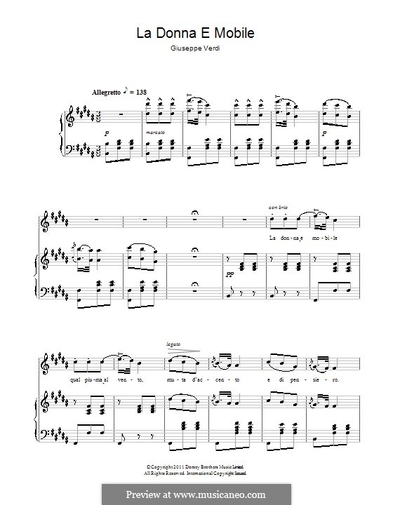 La donna è mobile (Over the Summer Sea) printable scores: Для голоса и фортепиано by Джузеппе Верди